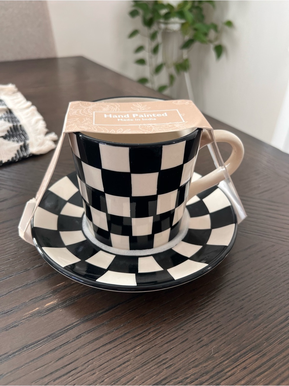Hand Painted Black & White Check Espresso Cup and Saucer - Made in India